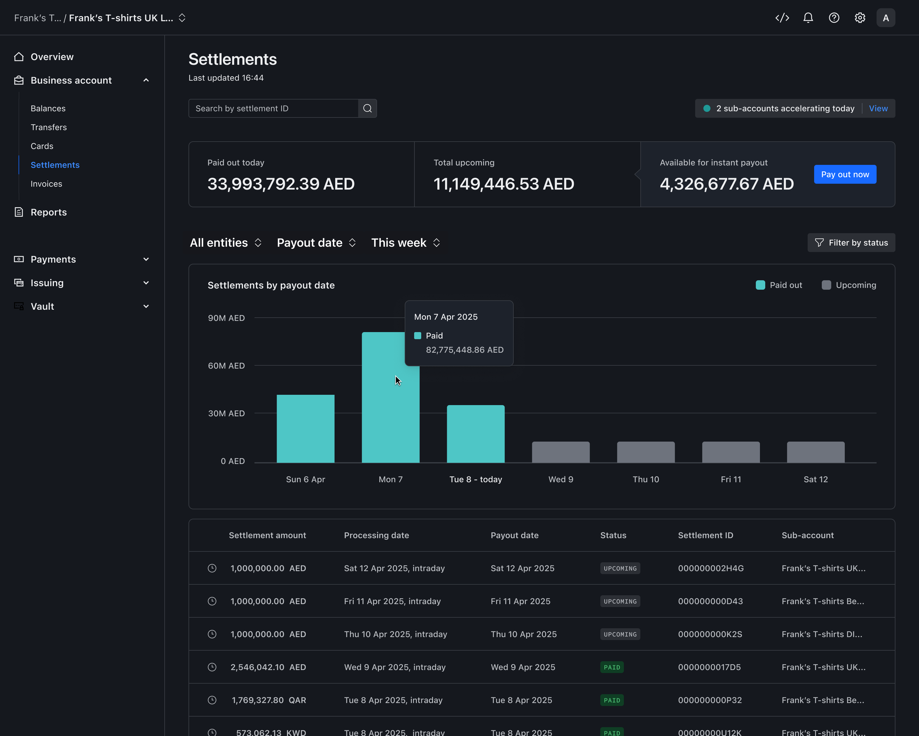 Settlement overview – Dark mode