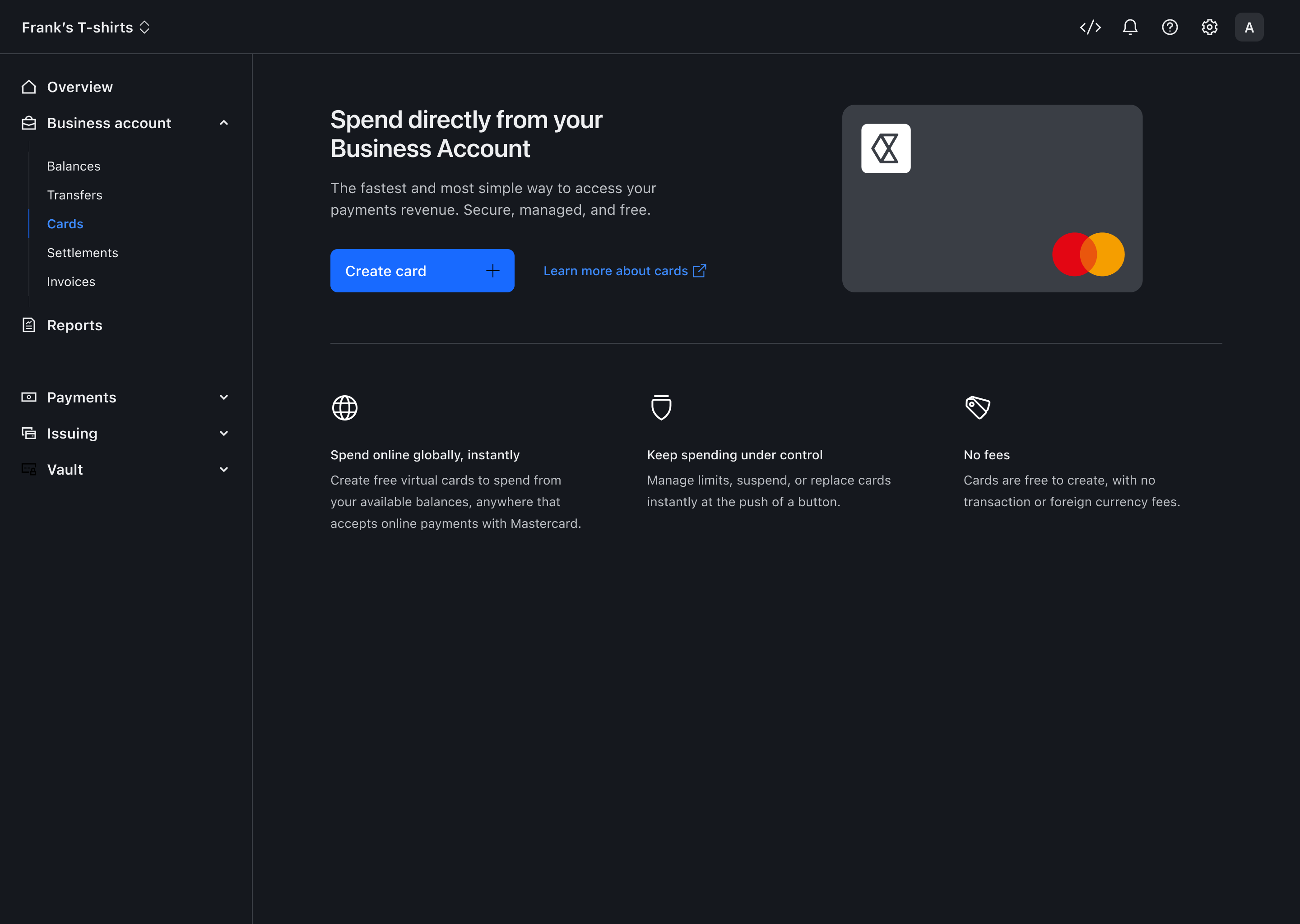 Cards landing page – Dark mode