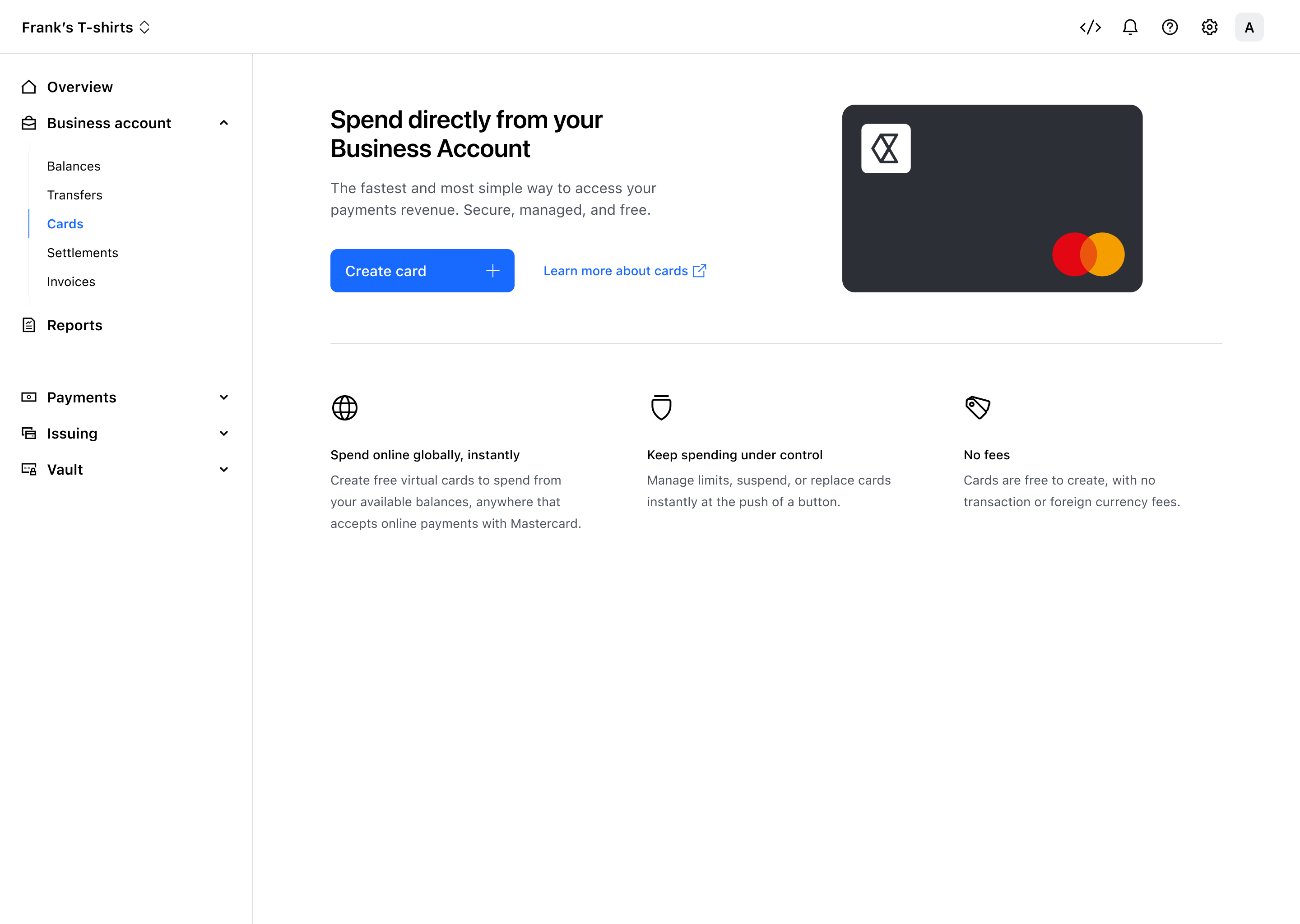 Cards landing page – Light mode