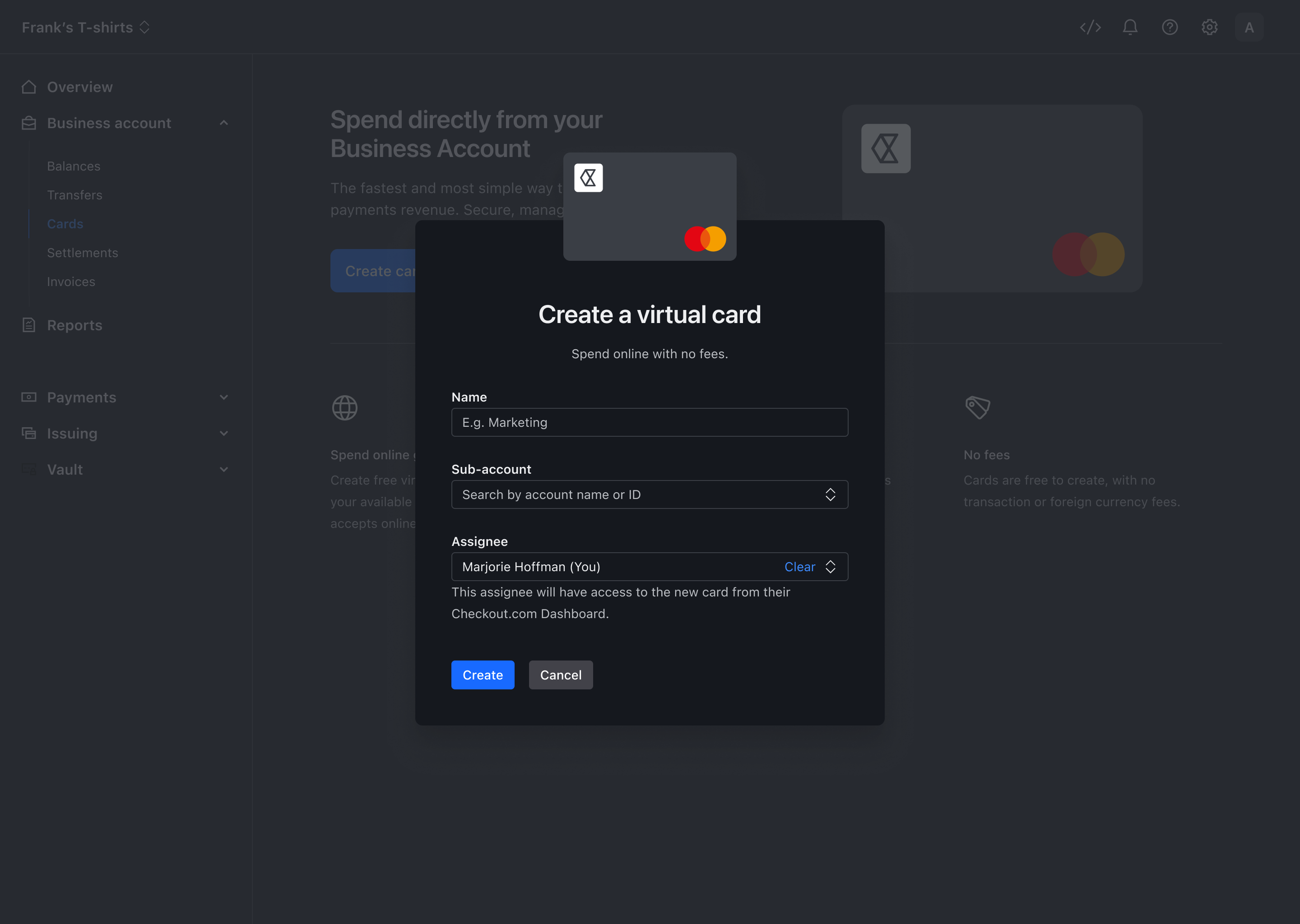 Create a virtual card modal – Dark mode