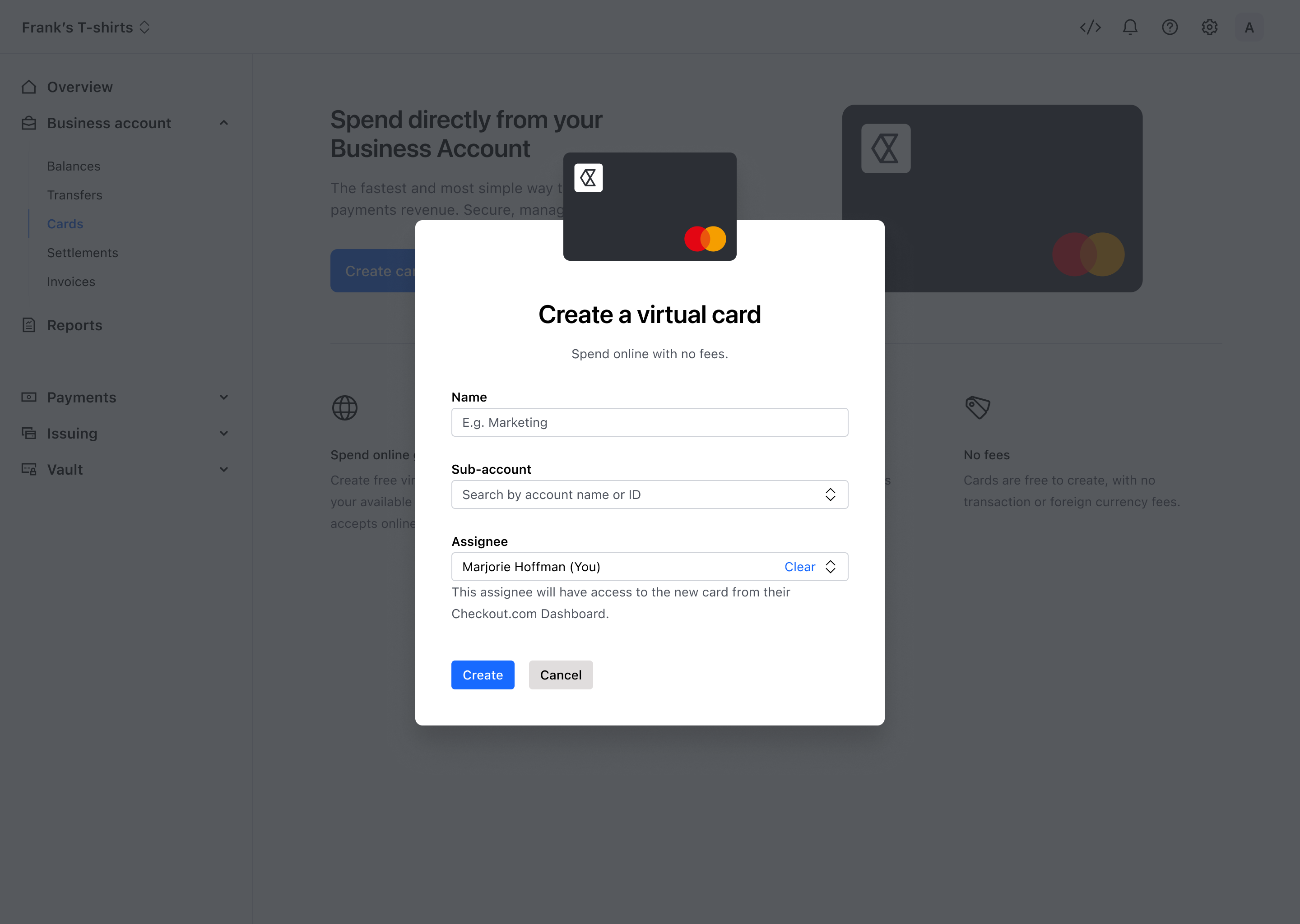 Create a virtual card modal – Light mode