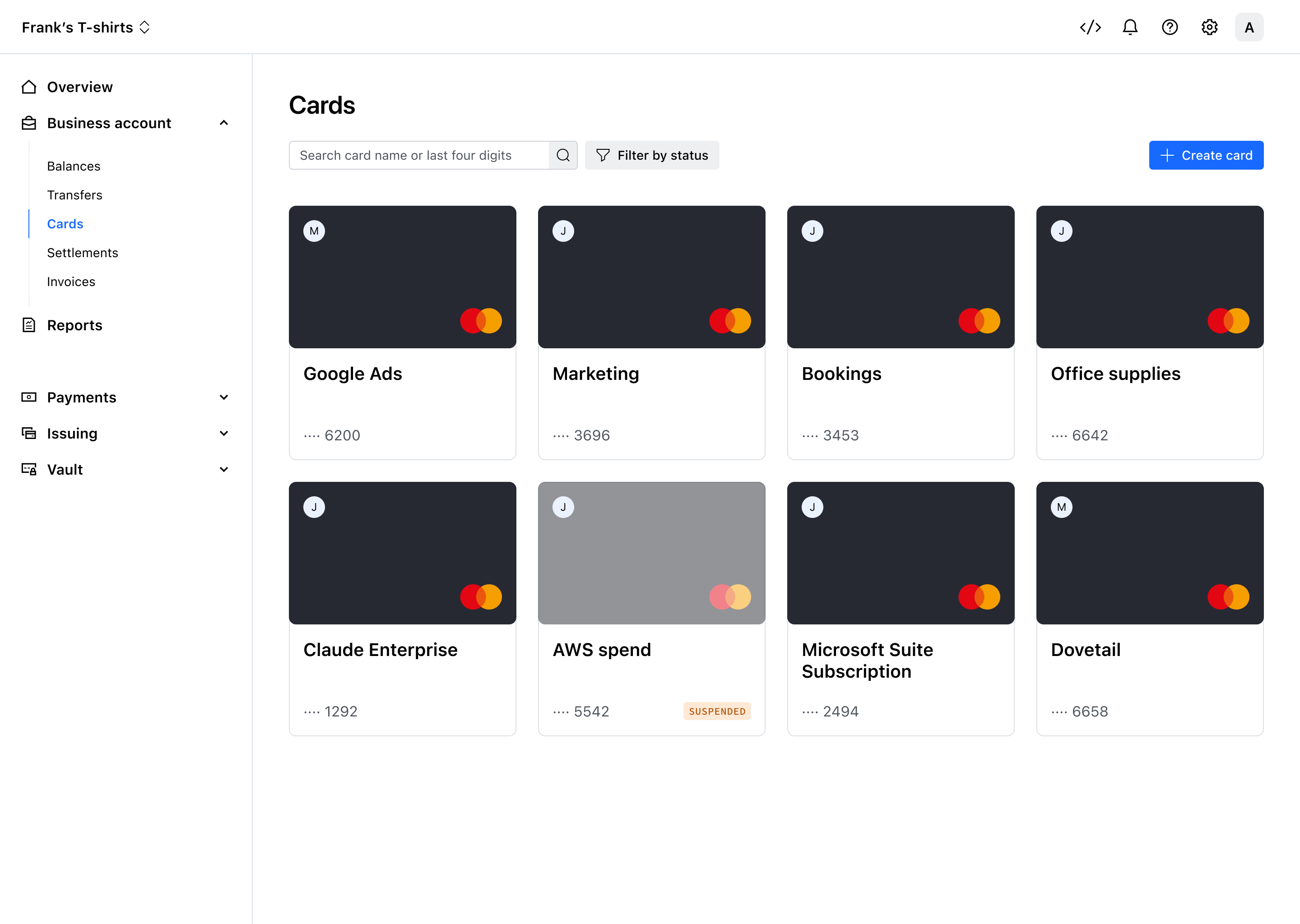 Cards overview – Light mode