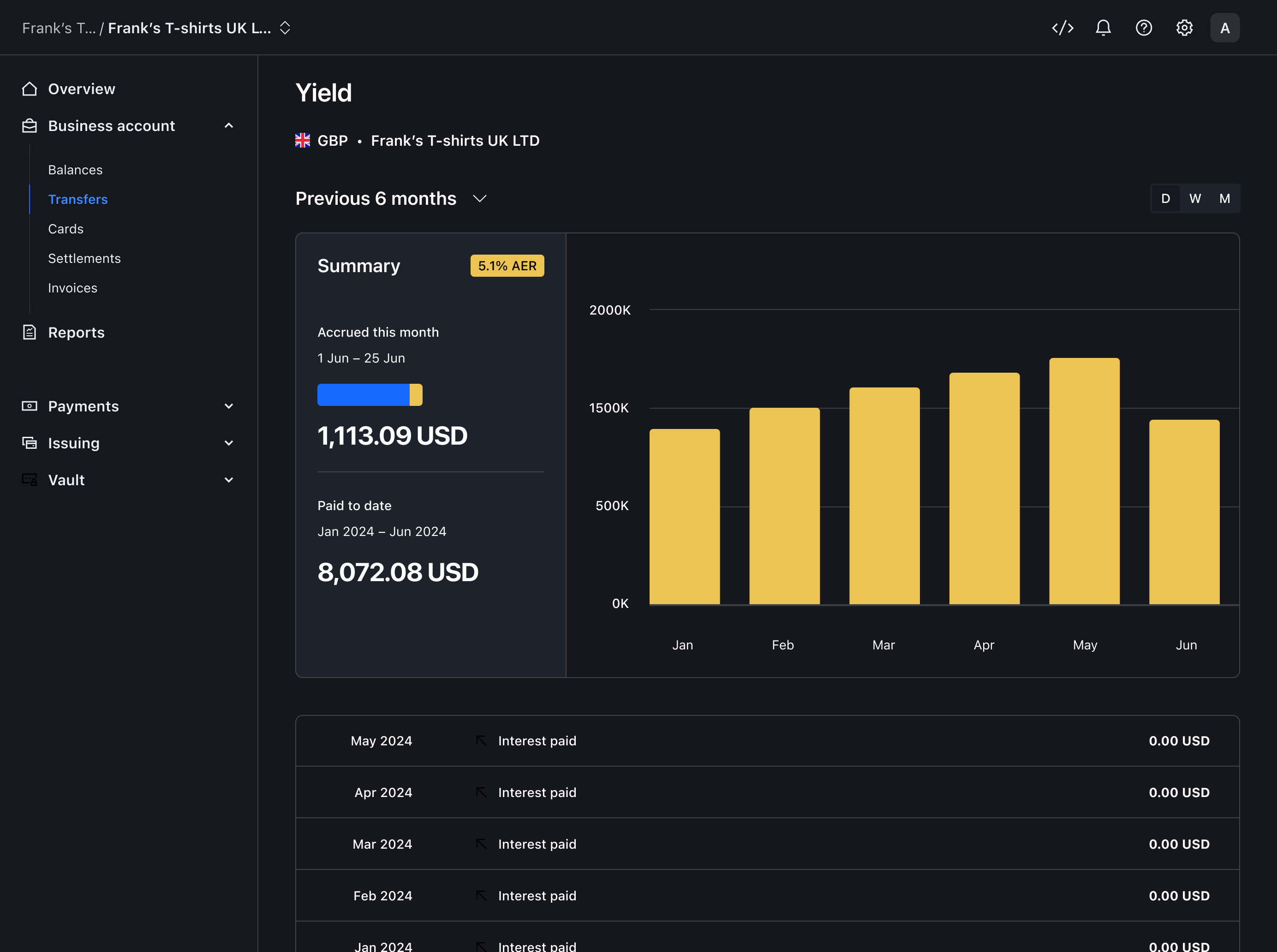 Yield concept applied to sub-account balance – Dark mode