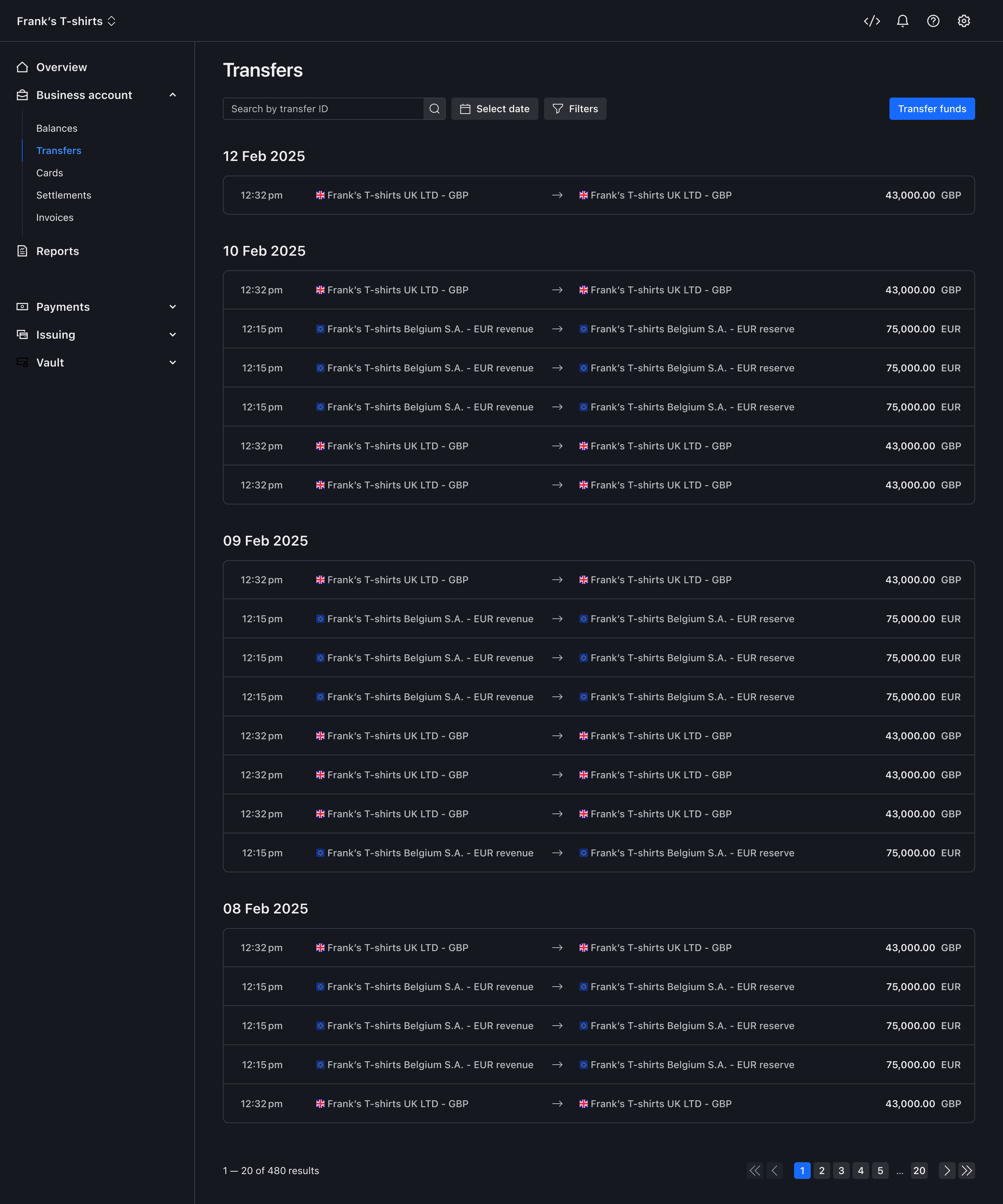 Transfer activity view – Dark mode