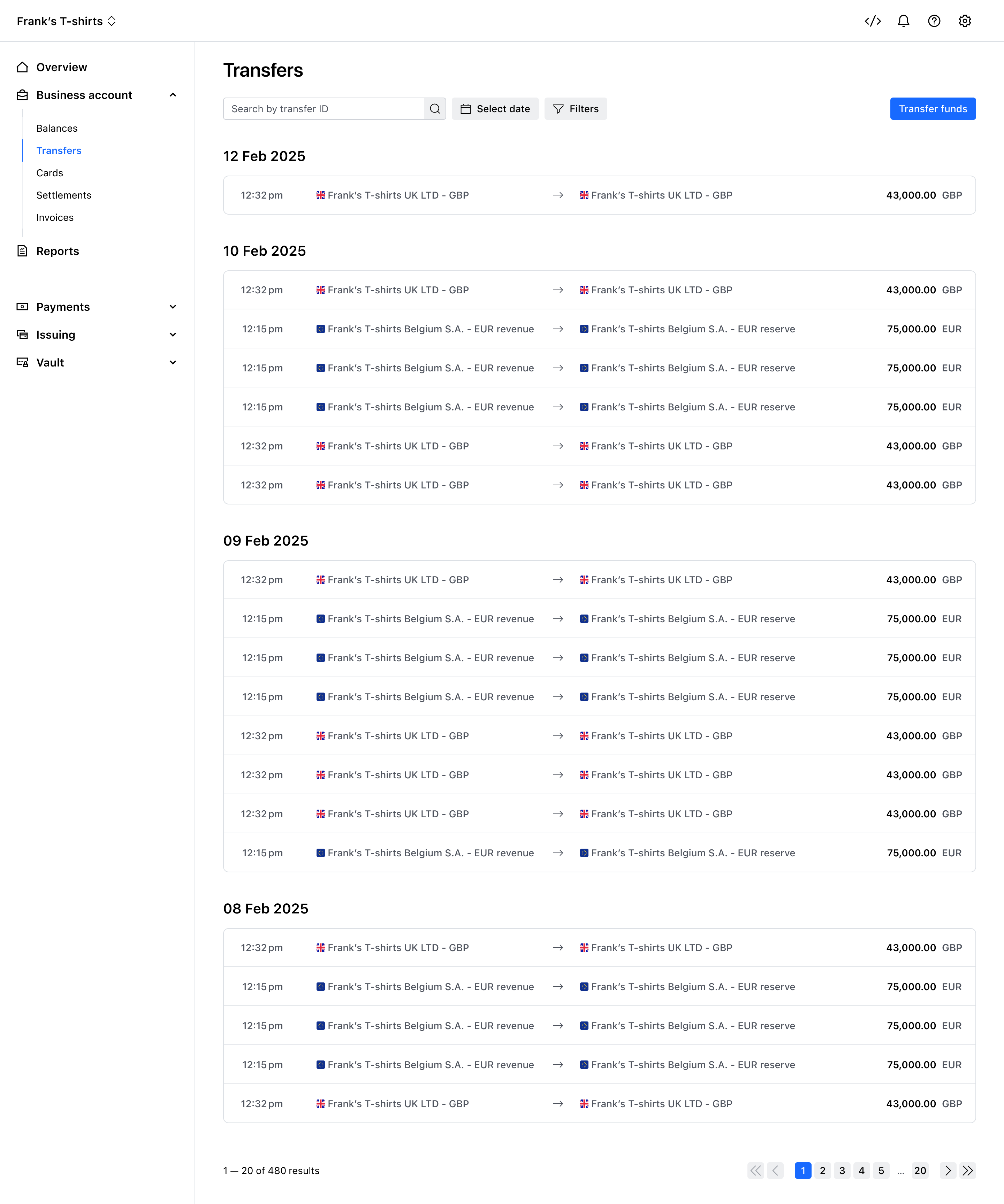 Transfer activity view – Light mode