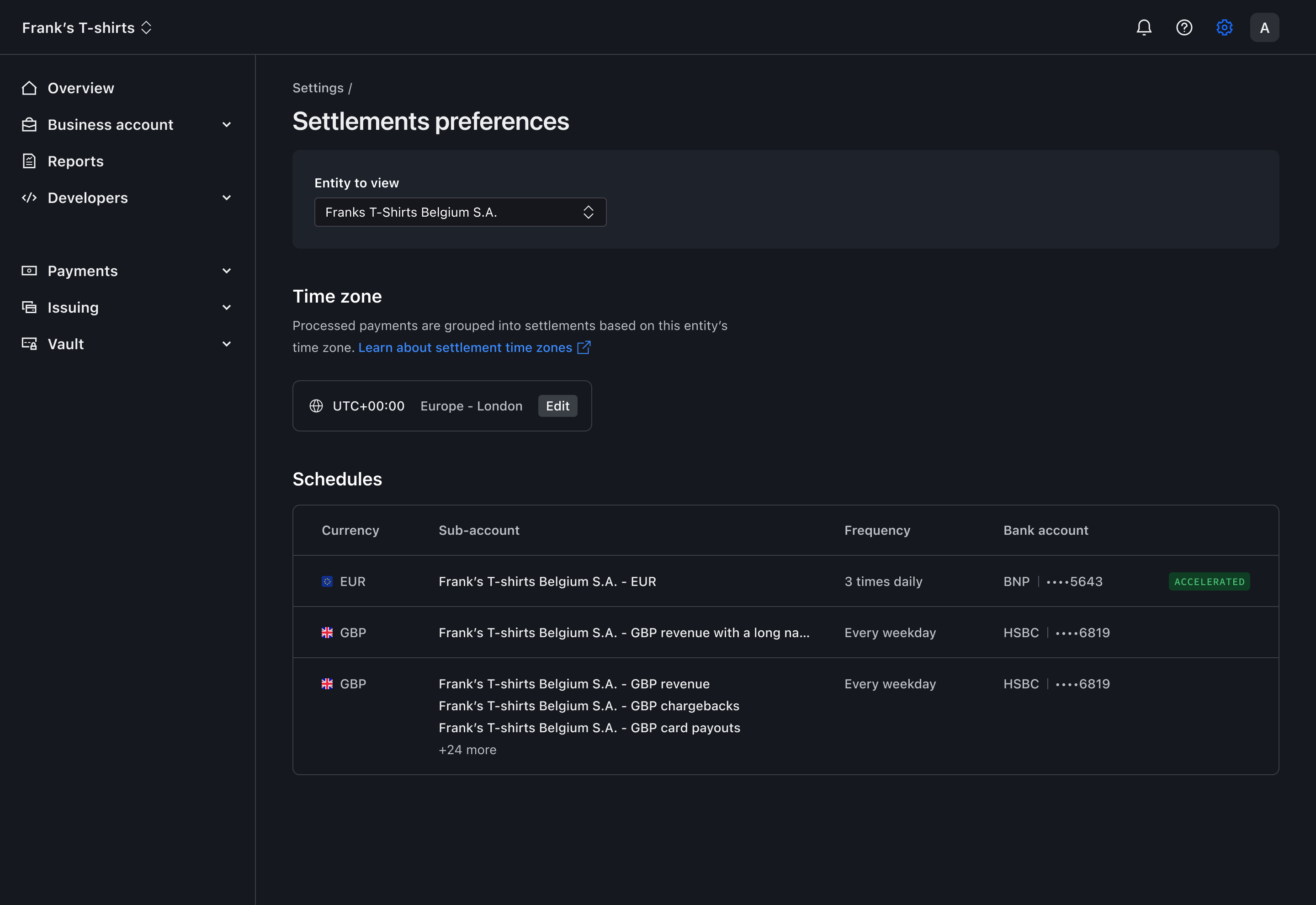 Settlement settings entity view – Dark mode