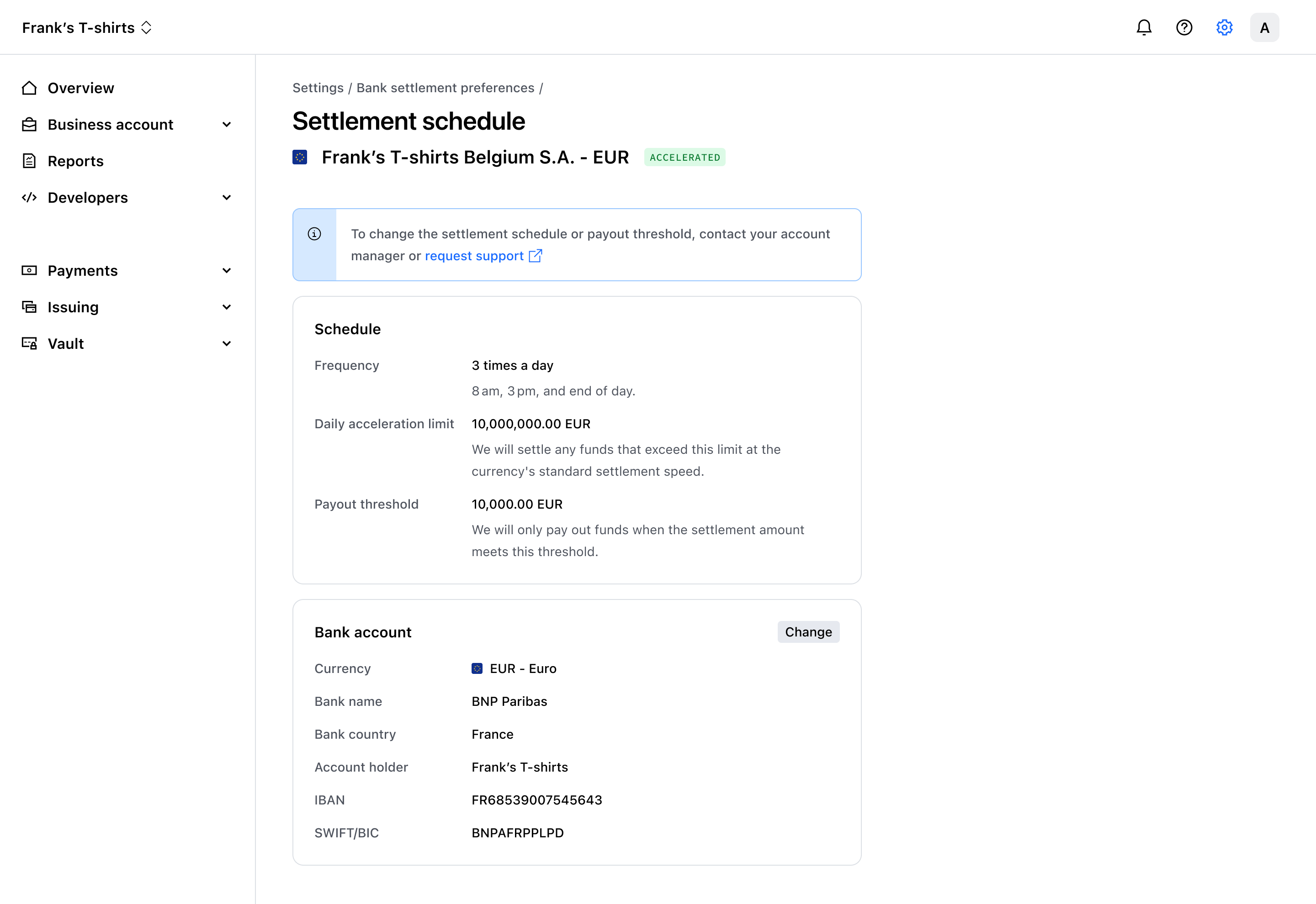 Settlement schedule view – Light mode
