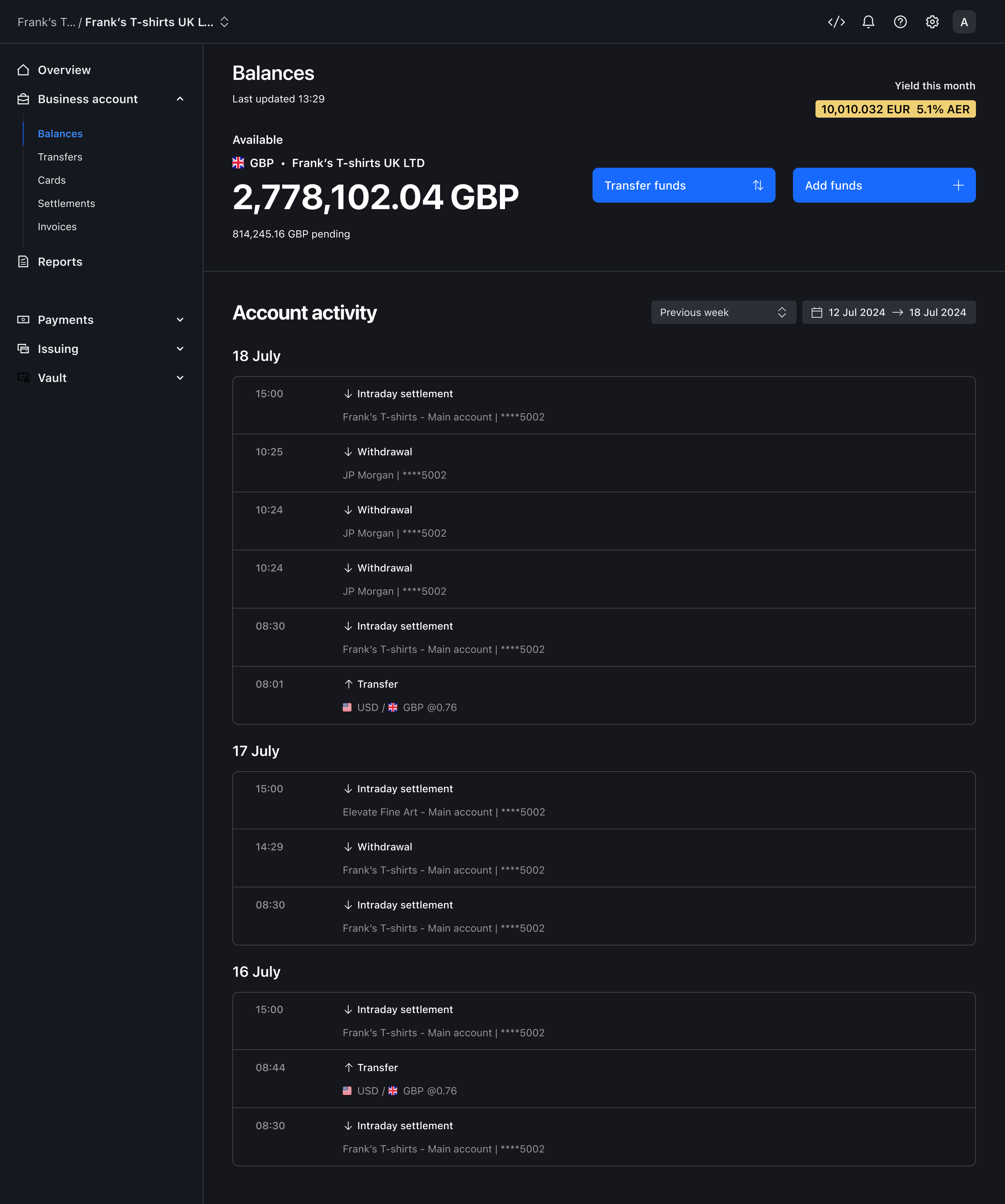 Sub-account activity view – Dark mode