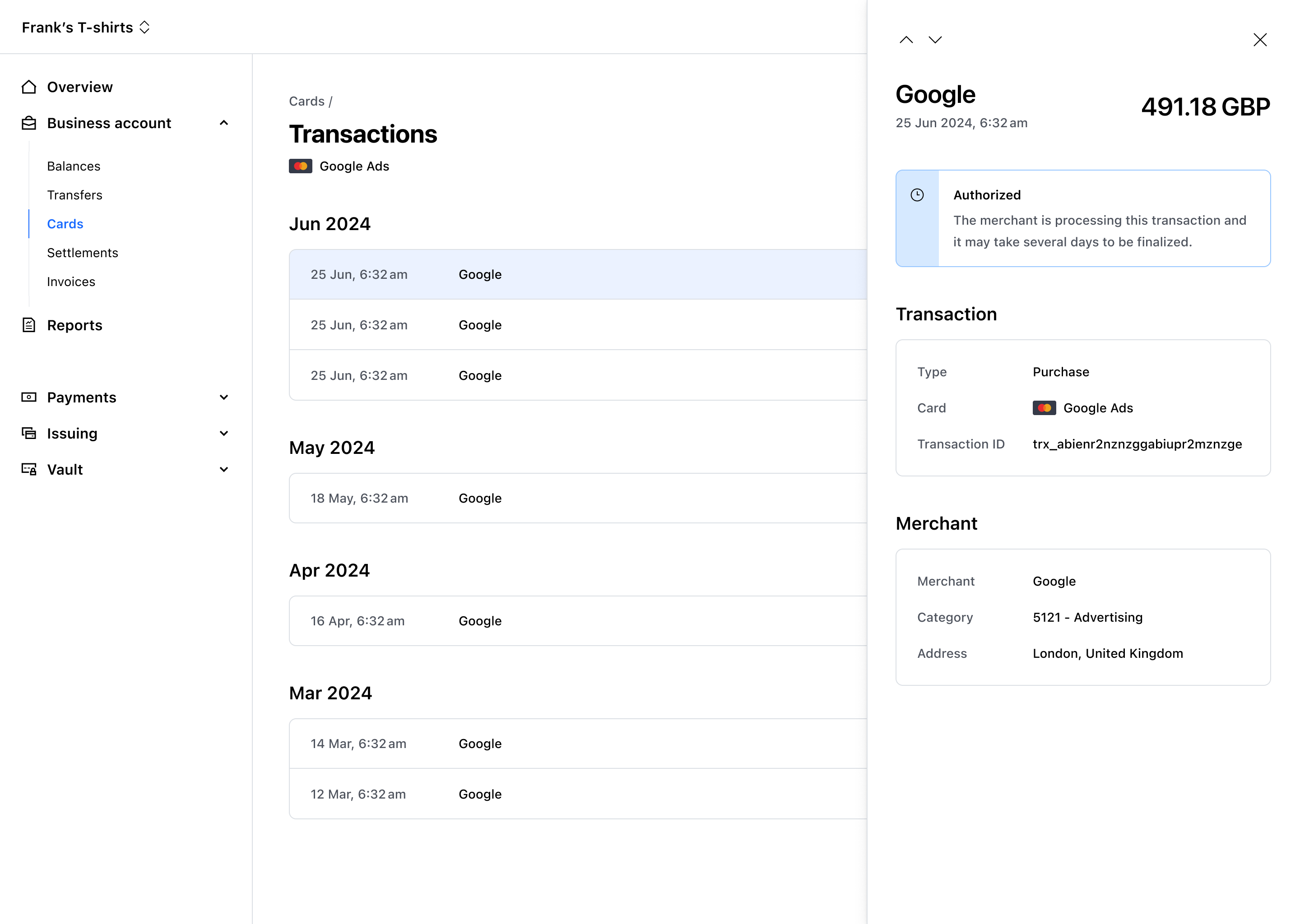 Transaction detail drawer – Light mode