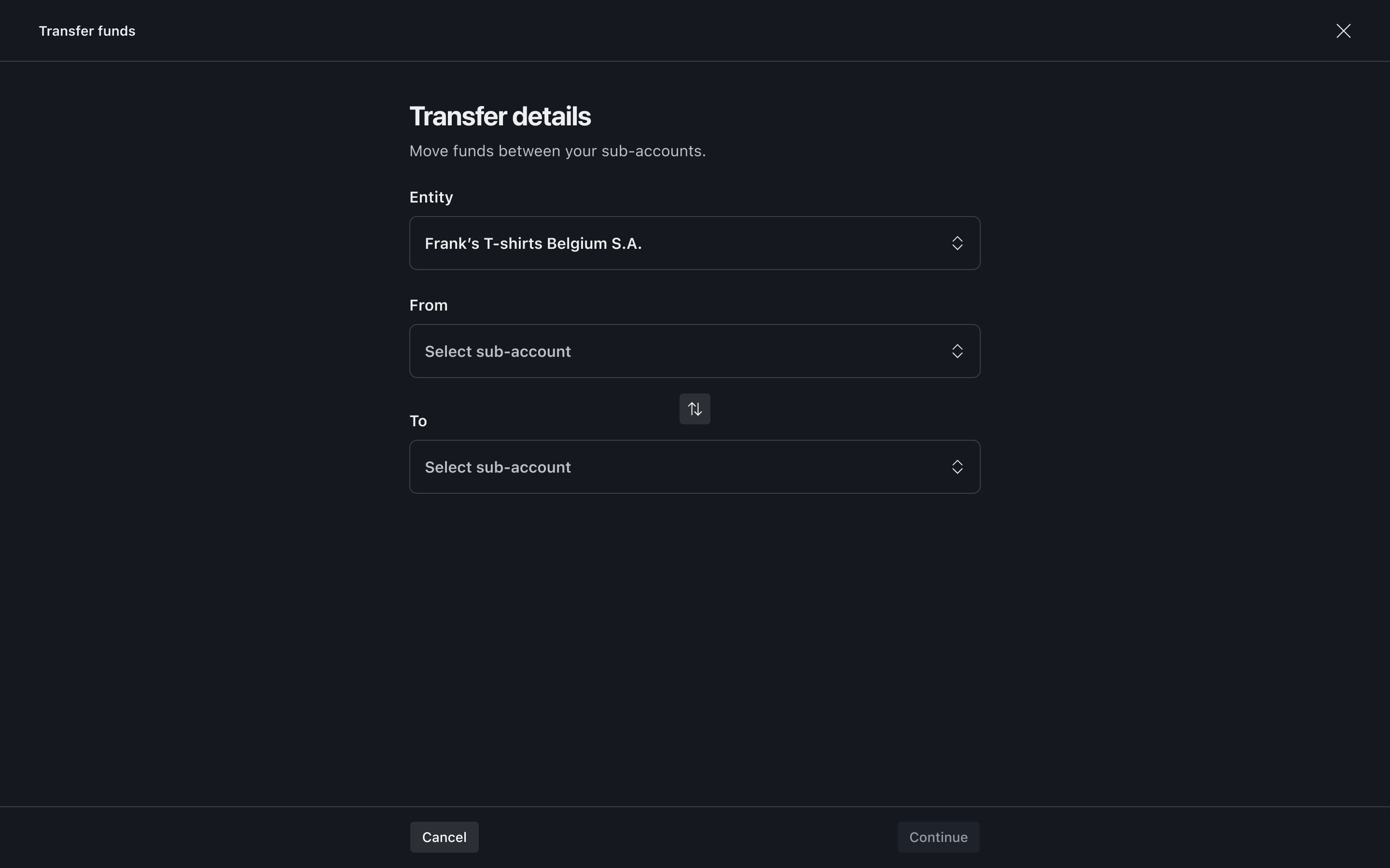 Transfer flow step 1 – Entity selected – Dark mode