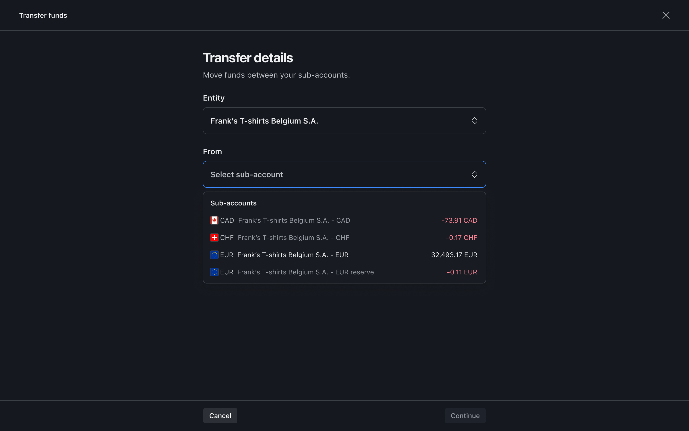 Transfer flow step 2 – From account selection – Dark mode