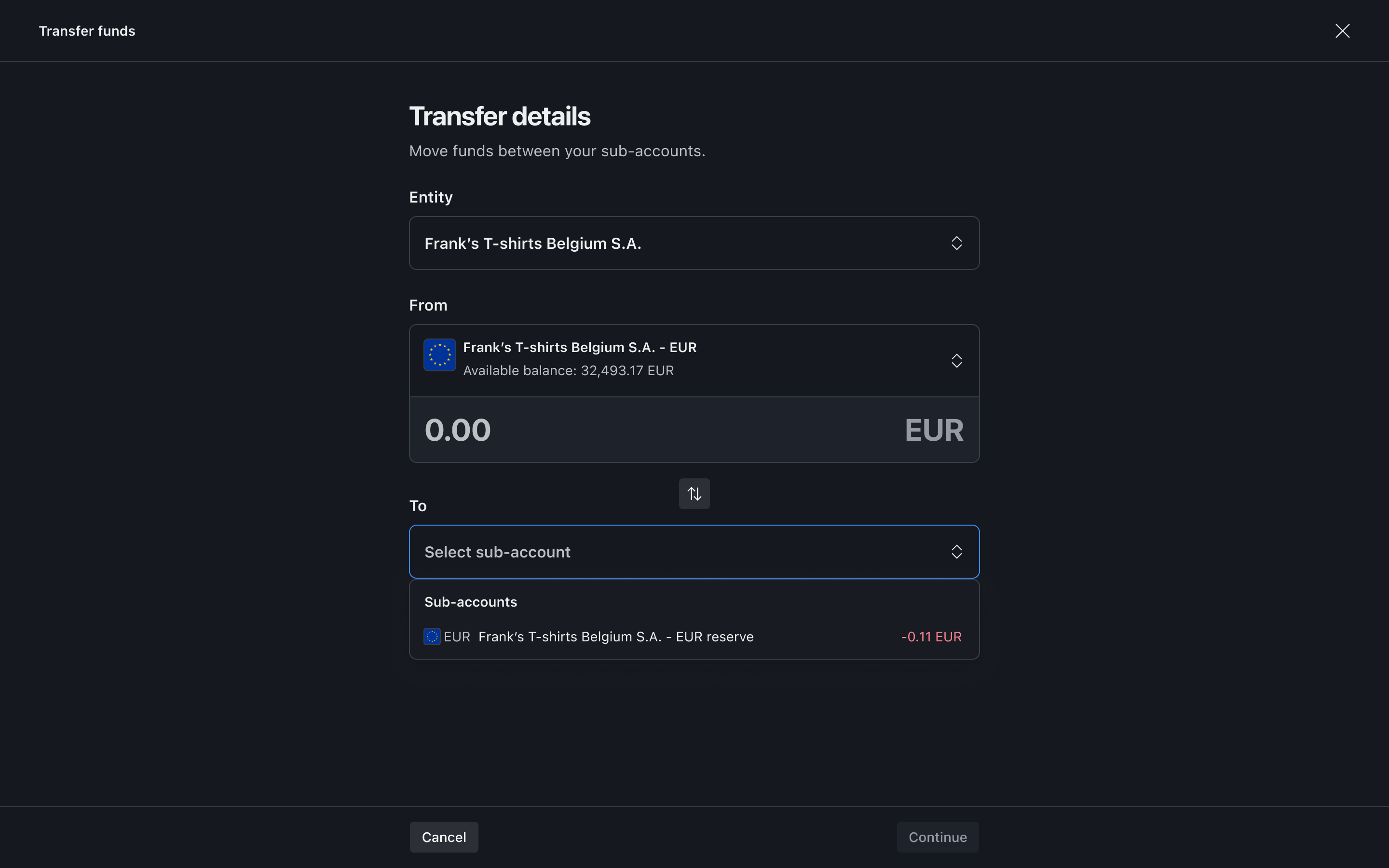 Transfer flow step 4 – Receiving account selection – Dark mode