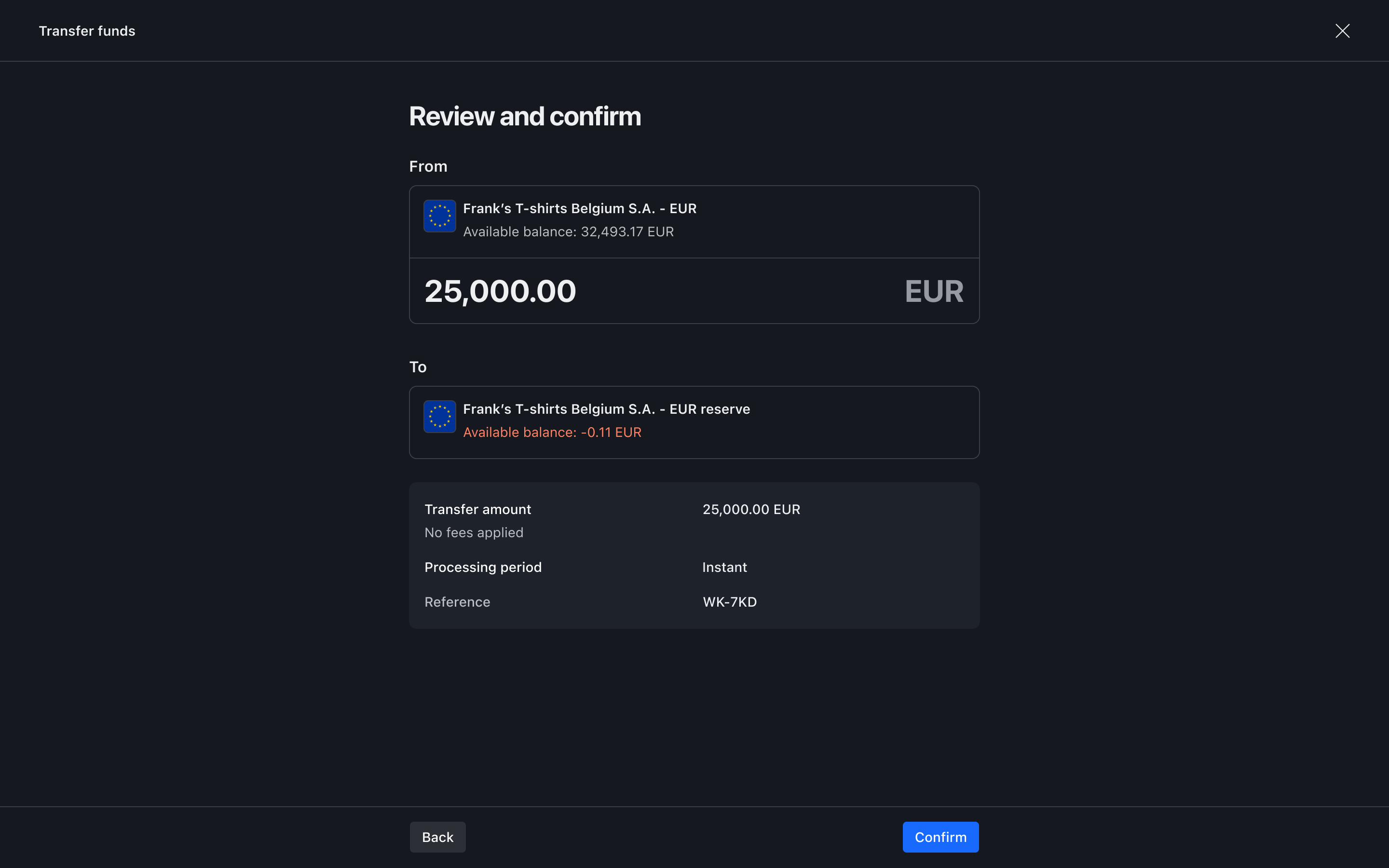 Transfer flow step 6 – Review – Dark mode