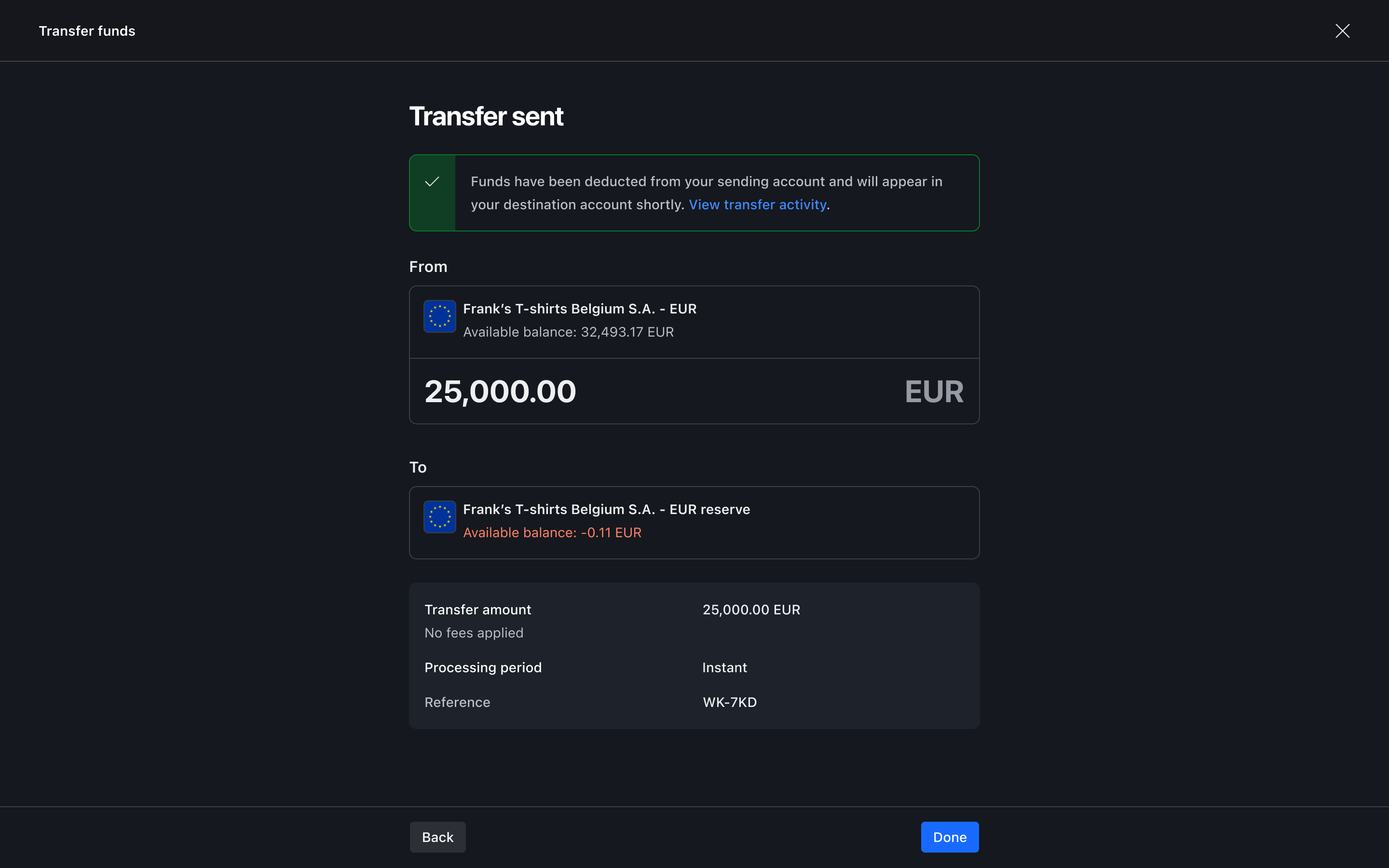 Transfer flow step 7 – Transfer successful – Dark mode