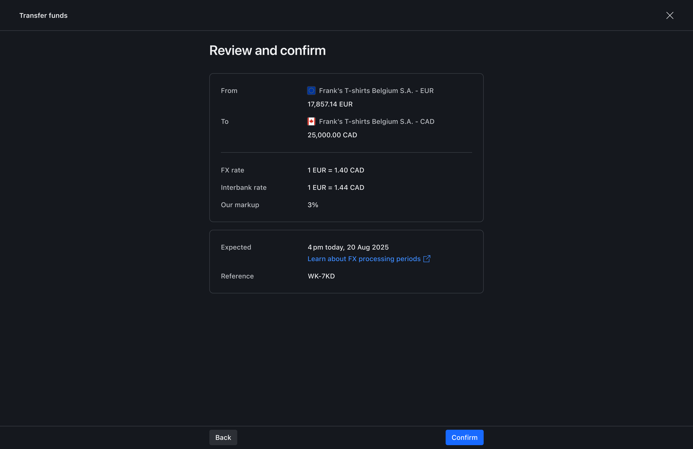 Transfer confirmation step – Dark mode