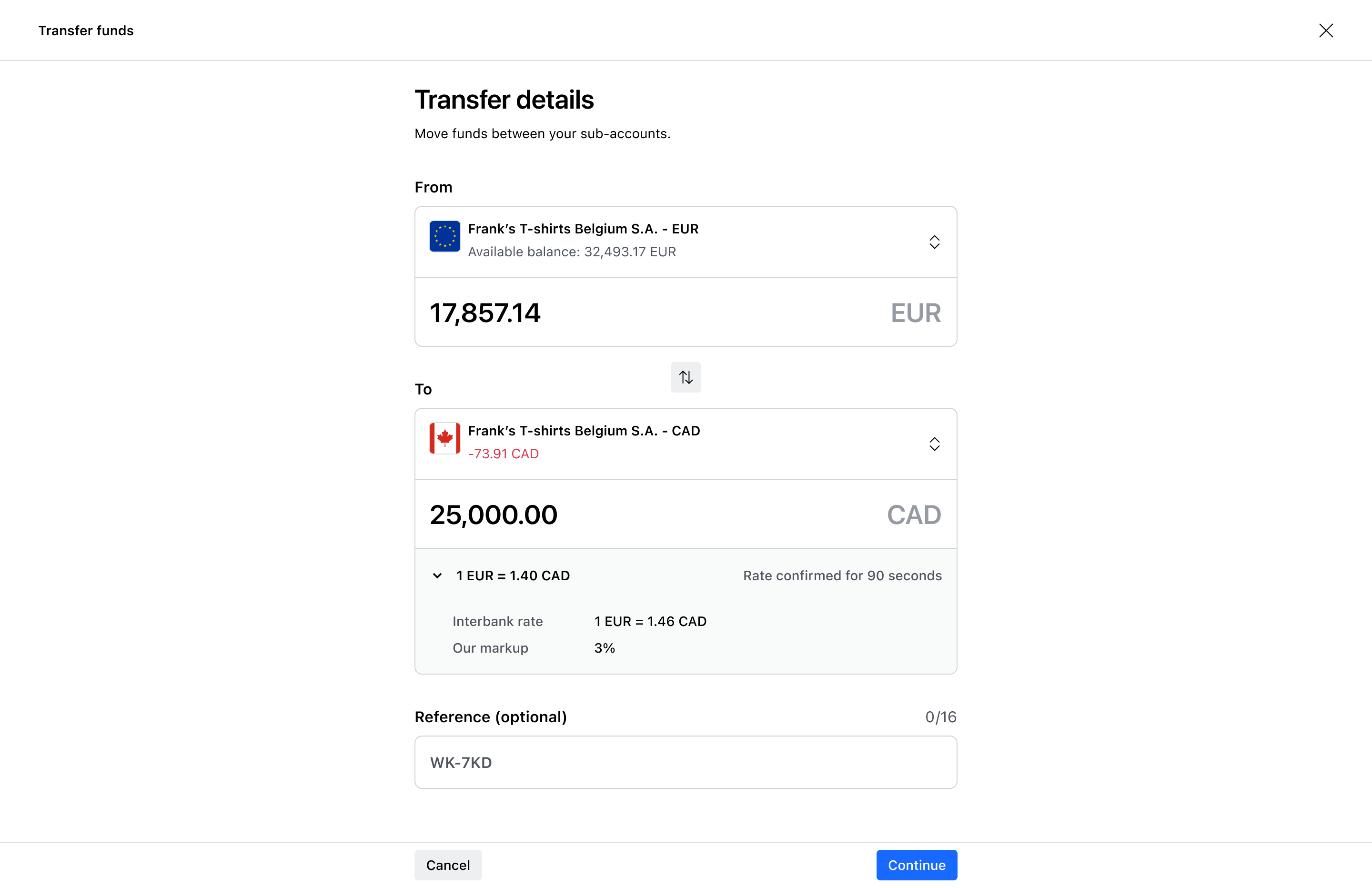 Cross-currency transfer FX rate details – Light mode
